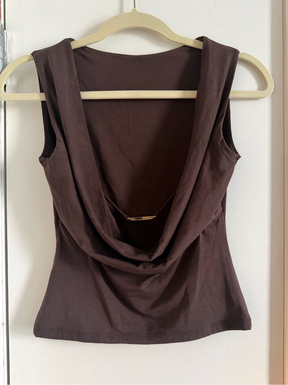 Abercrombie and Fitch Bra-Free Short-Sleeve Cowl-Back Hardware Top in Brown